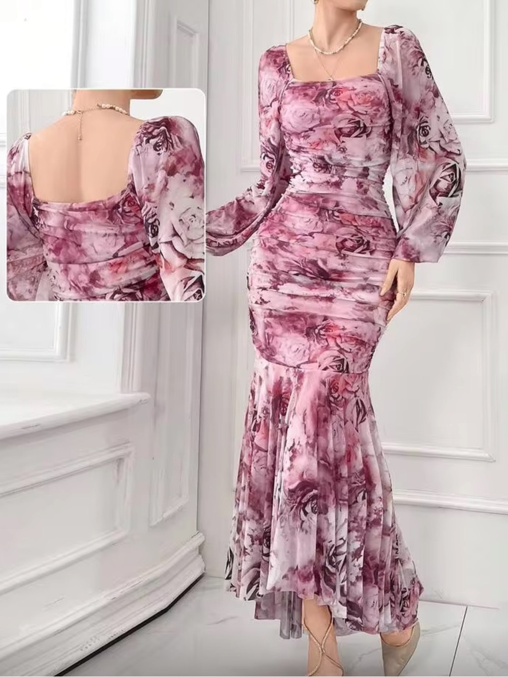 Floral Mermaid Evening Gown Square Neck Long Sleeve Rose Pink Maxi Dress XL